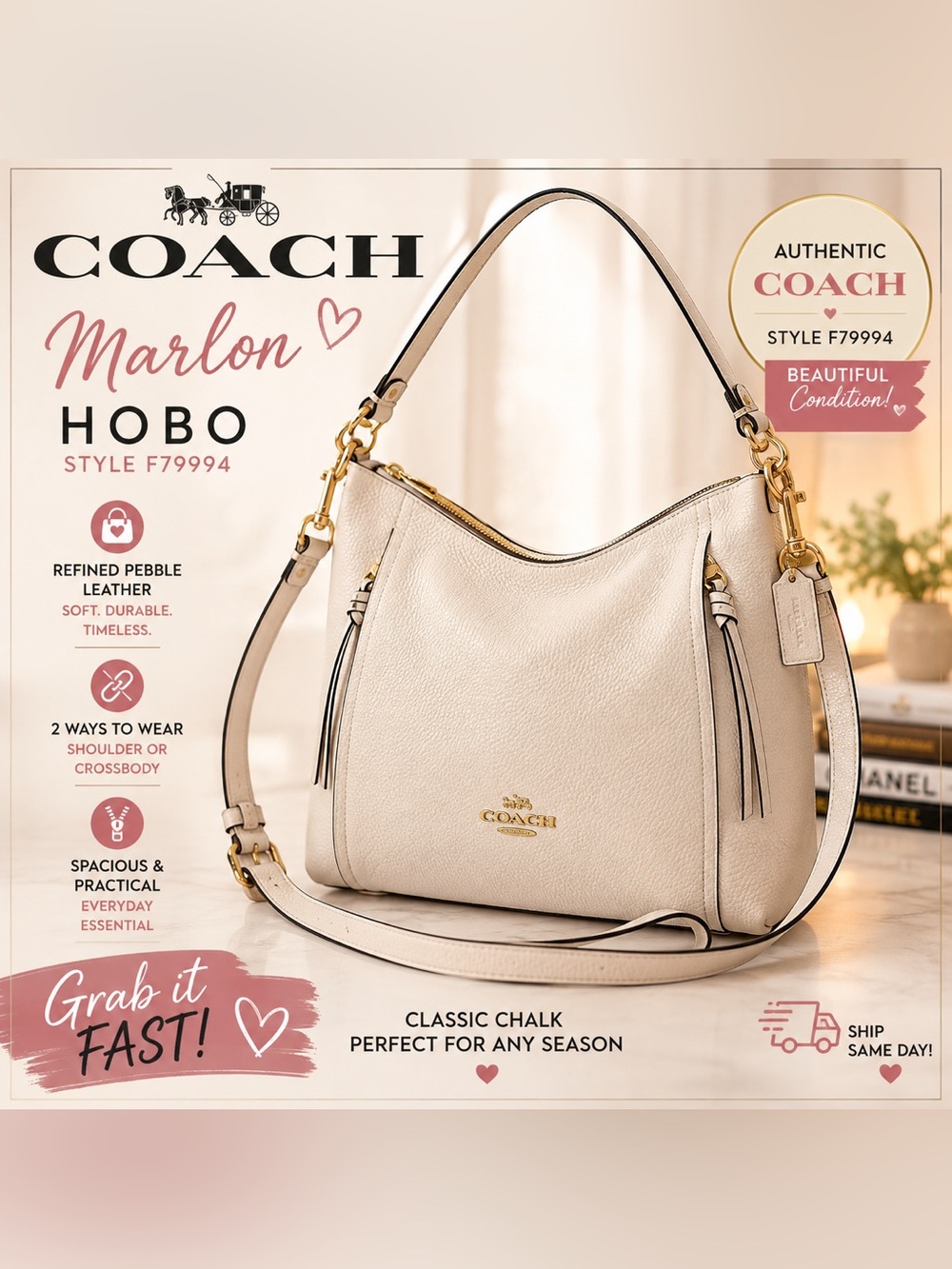Coach Marlon Hobo Chalk Pebble Leather Crossbody F79994